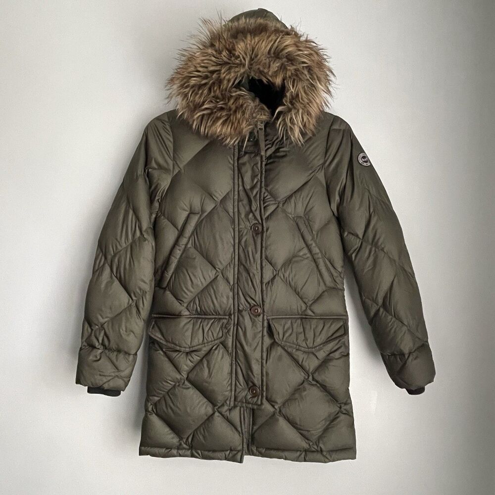 Abercrombie & Fitch Duck Down Parka Puffer Coat Size XXS Faux Fur Hood Green